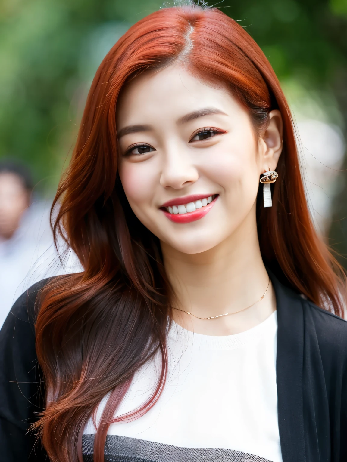 arafed woman with red hair and a black shirt smiling, jossi of blackpink, roseanne park of blackpink, jaeyeon nam, kim doyoung, portrait of jossi of blackpink, heonhwa choe, lee ji-eun, lee ji - eun, park ji-min, korean girl, korean idol, wan adorable korean face, gongbi