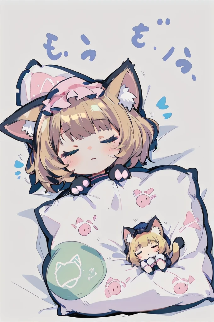 A cartoon of a cat sleeping on a pillow and another cat sleeping on it, there is nothingmimi, Cat girl, Beasts, There is a cat next to her, Cat girl, cute anime Cat girl, Ah ah, there is nothing, anime Cat girl, anime、Pink nightcap、Sleeping on a futon、Blonde Hair、Short Hair