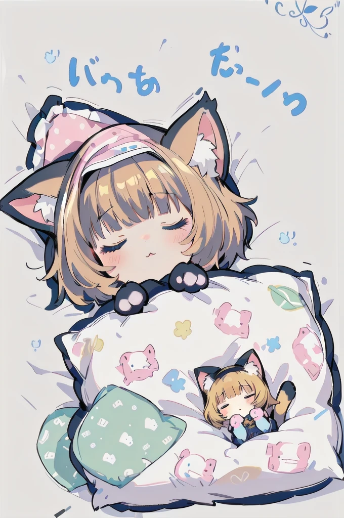 A cartoon of a cat sleeping on a pillow and another cat sleeping on it, there is nothingmimi, Cat girl, Beasts, There is a cat next to her, Cat girl, cute anime Cat girl, Ah ah, there is nothing, anime Cat girl, anime、Pink nightcap、Sleeping on a futon、Blonde Hair、Short Hair