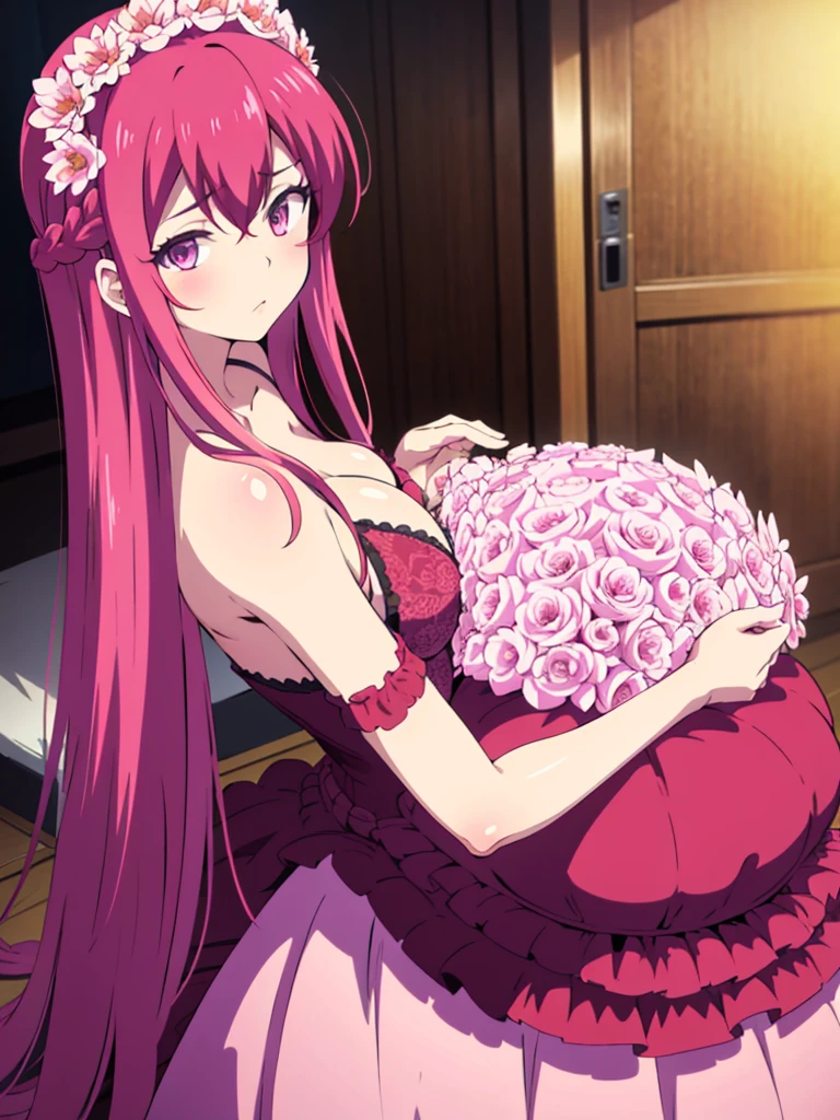 Red dress, ball gown dress, long dress, gigantic breasts, 1girl, solo, long hair, blush, hair ornament, hair between eyes, purple eyes, pink hair, braid, bedroom, hair flower, cute, looking at viewer,