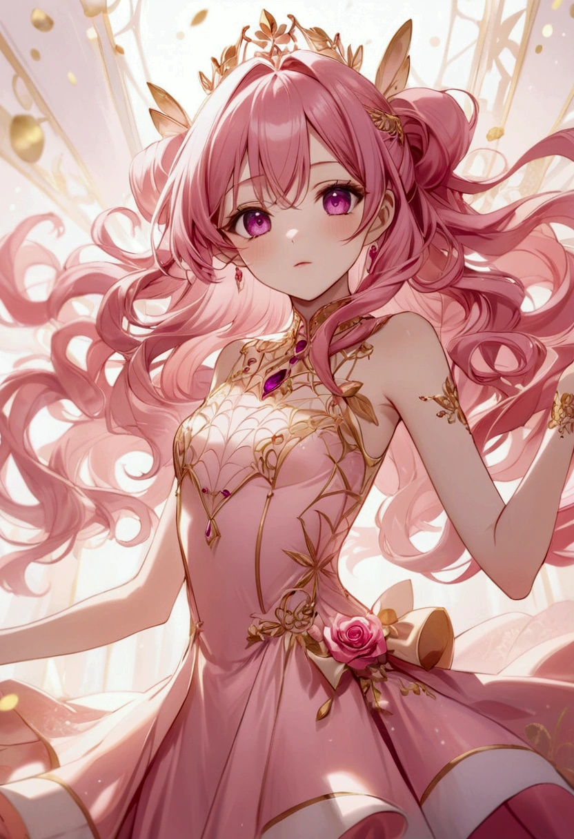 Create an anime-style girl with deep magenta eyes and long, wavy pink hair styled in an elegant updo. She is slender with small breasts. She wears a regal, ethereal dress with elegant and fantasy elements, featuring a gold, pastel pink, and rose gold color scheme. The dress has intricate spider web patterns and motifs.