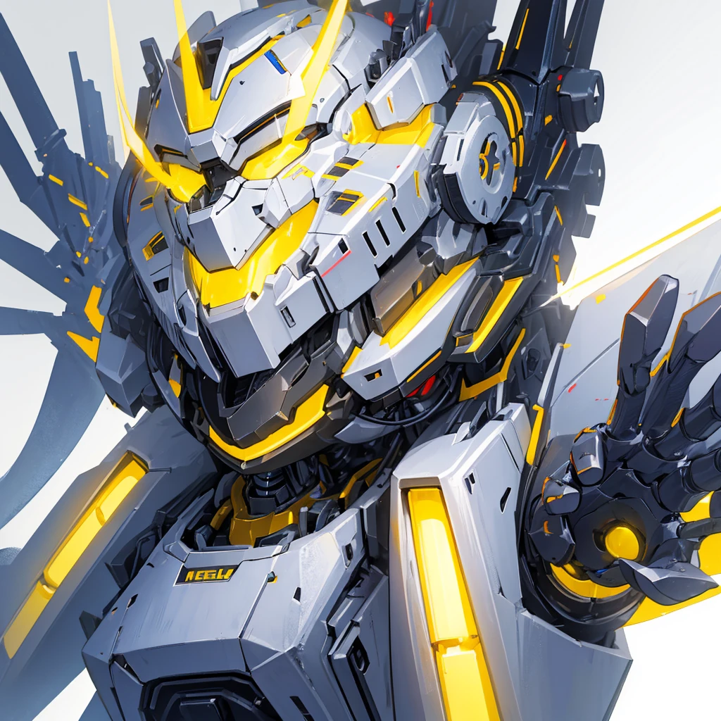A mecha made of steel,A huge mecha flashing yellow light,((Pure white background))