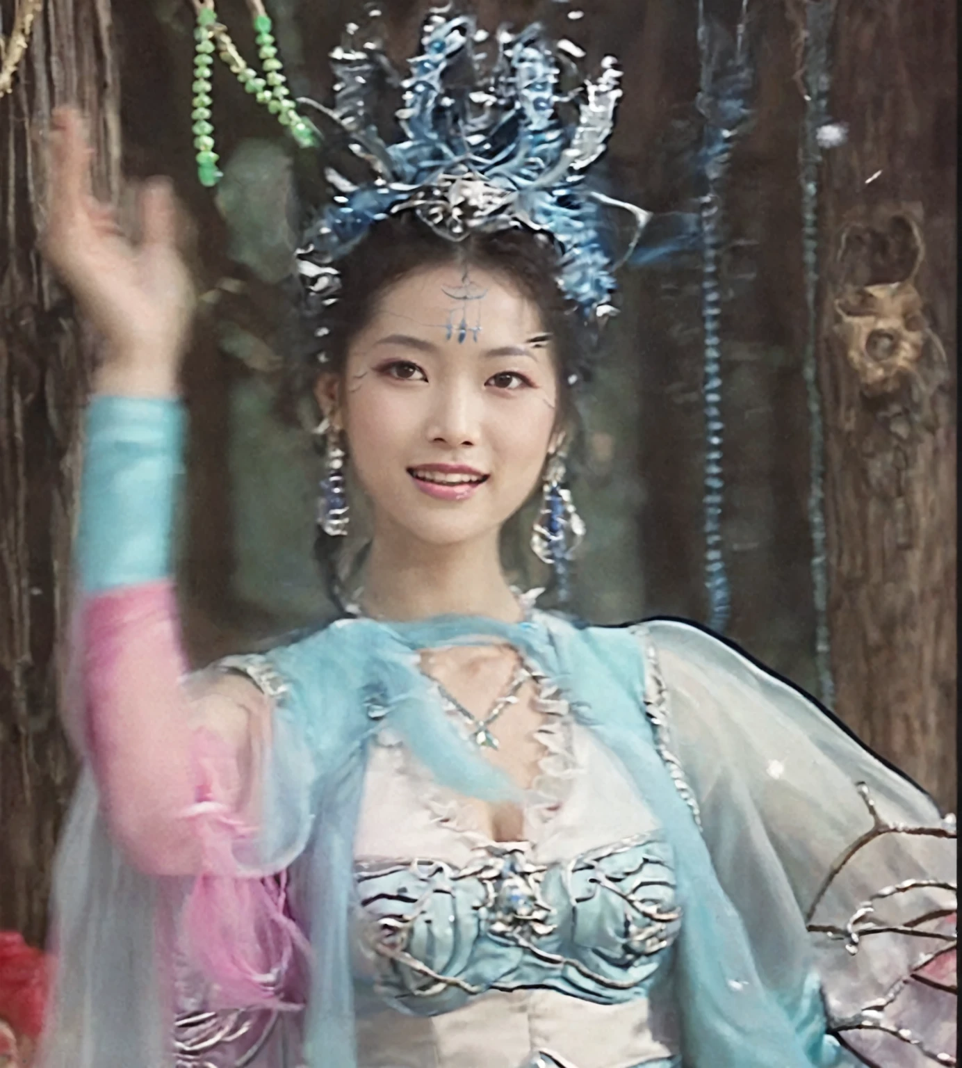 Wearing a blue dress、Woman in tie waving, Queen of the Sea Mu Yanling, Full body fairy, heise-lian yan fang, yun ling, Chinese Princess, Inspired by trees, 80s Asian neon stills, sha xi, Chinese Empress, Chinese woman