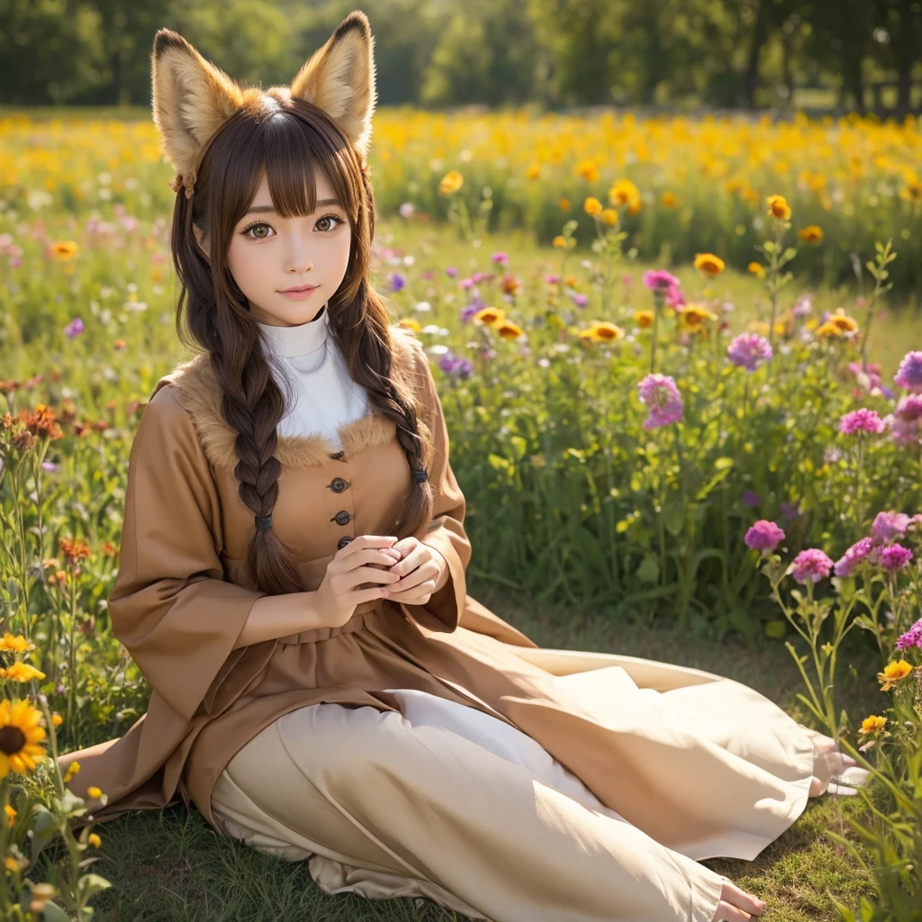 Fox, (monster Girl), With long brown ears、The inside is dark brown。, Brown fur, Tan neck hair, Brown fluffy tail with tan tip, Big brown eyes, Wear modest clothing, Sitting in a flower field, masterpiece, Highest quality