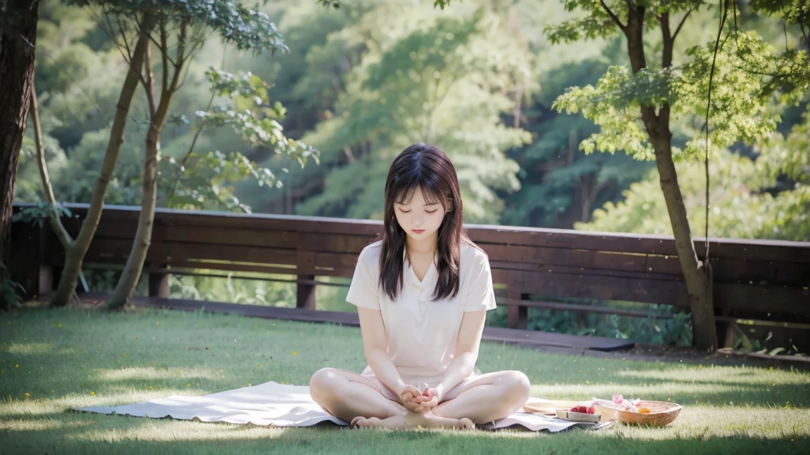 Picture of an Asian girl meditating, Surrounded by nature, Like a quiet forest or a field full of colorful flowers.. This image conveys a sense of tranquility, Connection with nature and peaceful atmosphere, This is consistent with the tone of prayer..