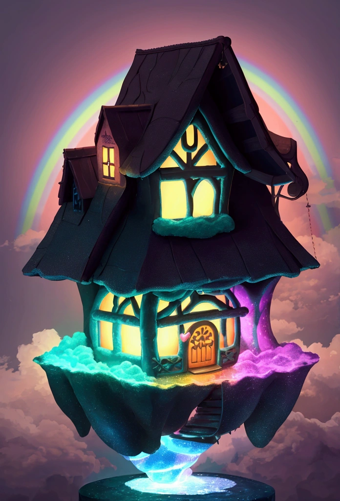 Imagine a magical fairy house floating in the clouds, with a rainbow bridge leading up to it. The house is made of fluffy cotton candy and has windows that change color with the light. Inside, you can see tiny fairy furniture and a cozy fireplace.