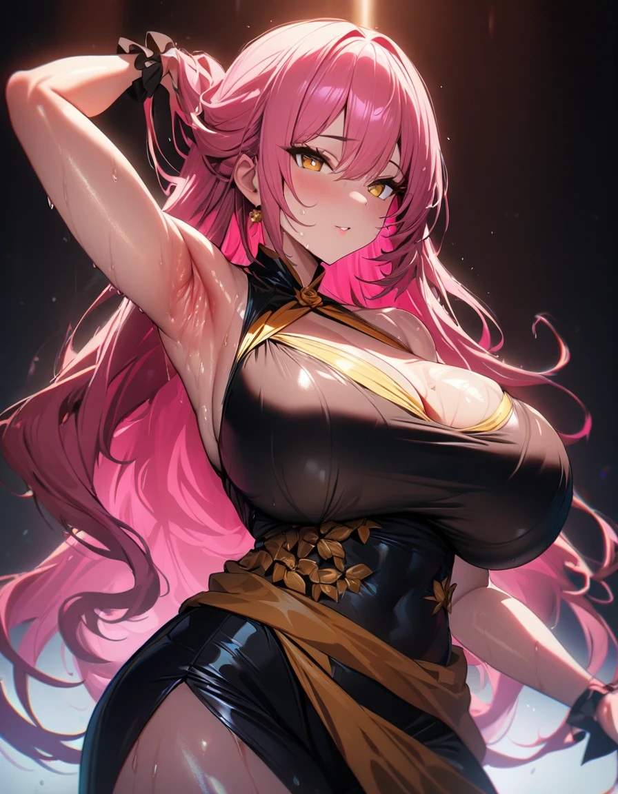 1girl,super huge breasts, pink hair, golden eyes,staring coldly,long hair, body curves, (best quality,4k,highres,masterpiece:1.2),ultra-detailed, dramatic lighting,vibrant colors,cinematic, Himeko outfit, sweaty armpits, bright skin, shiny golden eyes, golden eyes