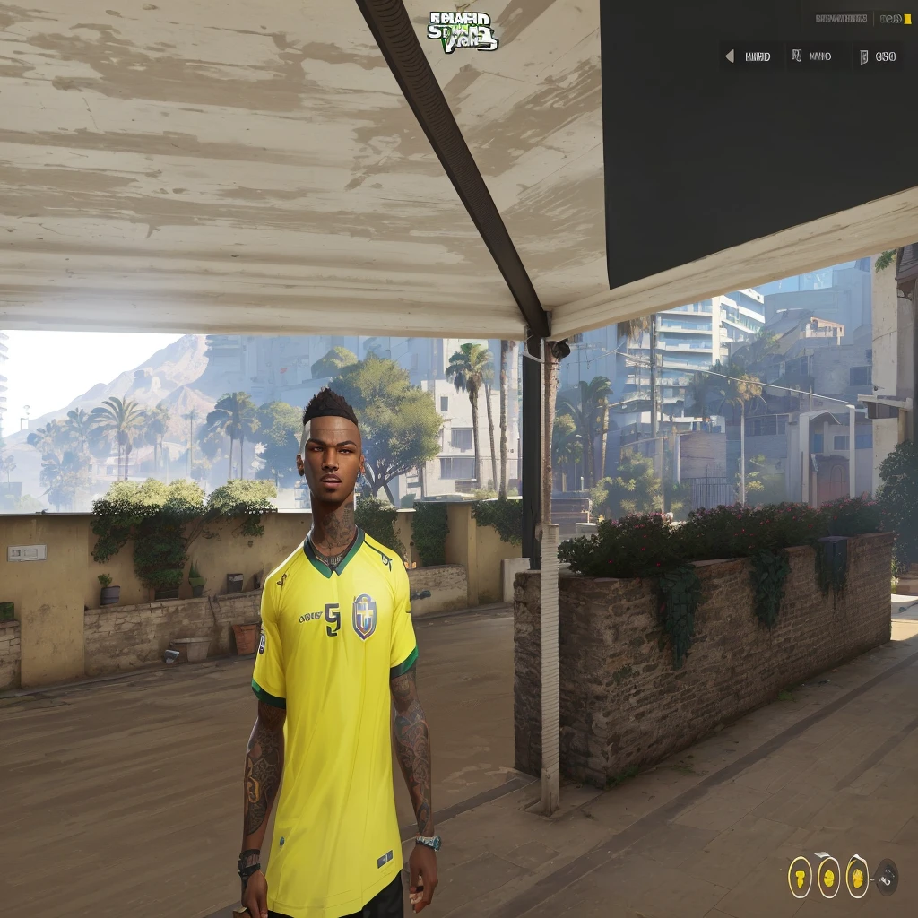 sharpened man in a yellow shirt standing in a courtyard, neymar in gta v, style of gta v, in-game, like a GTAV character, in-game, in-game, ( ( darkskin ) ), gta 5 skin tone, inspired by Stan Stokes, GTA5 style, upper body avatar, inspired by Italo Mus, a skin