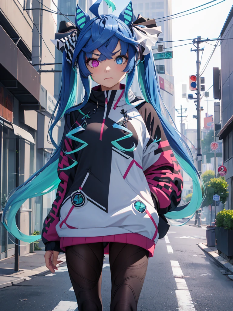 (Masterpiece, best quality, high res、highly detailed cg: 1), Standing on a street corner, I suddenly feel a gaze upon me. Following the gaze, I see a streetwalker standing nearby. She doesn't approach or call out, but her eyes are filled with temptation, quietly standing but making it impossible to look away once our eyes meet. Twin_Turbo_Umamusume, aqua hair, twintails, heterochromia, purple eyes, blue eyes, sharp teeth,hores tails, nsfw, short stature