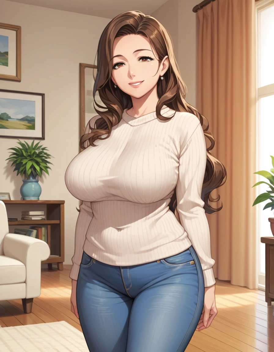 score_8_up, score_7_up, score_6_up, best quality, source_anime, anime screencap, clear face, 1mature_female, solo, big breasts, smile, brown hair, brown eyes, long hair, standing, living room, sweater, jeans