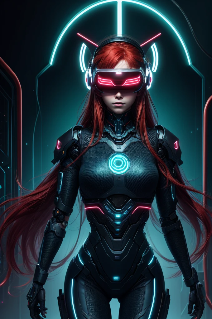 best quality, head-mounted display,
(1 girl, solo), exposed waist, exposed thighs, surrounded by azure neon, floating red hair, NodesTech mascara, NodesTech headdress, long hair, ethereal red hair, red hair, crop top cyborg armor,
BREAK sci-fi background, detailed background,  azure neon background, data space