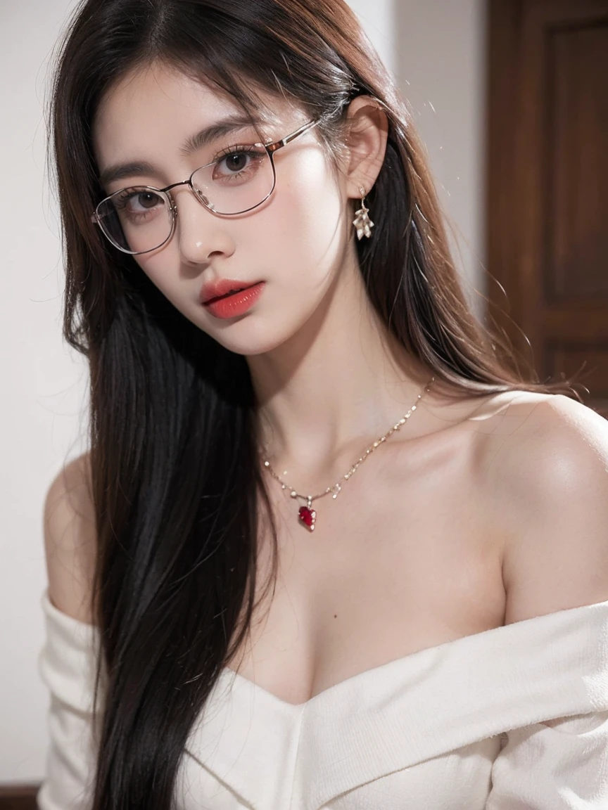 Top CG, Highest image quality, masterpiece, Gentle and beautiful girl, (185cm美女), (fit), Imperial sister, Queen temperament, White skin, Perfect facial features, Bright Eyes, Red lips, Beautiful and cold (A major breakthrough)), Beautiful and heroic, Soft and long hair, shiny, Lace, net, Visible through clear skin, wear glasses, ruby neckLace, (black off-shoulder tops), 8K Image Quality, (Realistic Portraits), Characters fill the screen, (Facial lighting), ((eternal)，Frameless glasses，Sexy pose，Face looking to the left