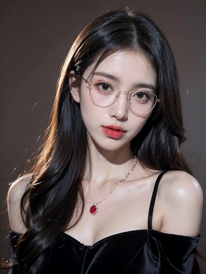 Top CG, Highest image quality, masterpiece, Gentle and beautiful girl, (185cm美女), (fit), Imperial sister, Queen temperament, White skin, Perfect facial features, Bright Eyes, Red lips, Beautiful and cold (A major breakthrough)), Beautiful and heroic, Soft and long hair, shiny, Lace, net, Visible through clear skin, wear glasses, ruby neckLace, (black off-shoulder tops), 8K Image Quality, (Realistic Portraits), Characters fill the screen, (Facial lighting), ((eternal),Frameless glasses,Sexy pose,Face looking to the left