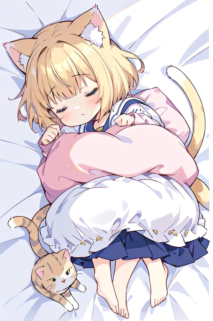 A cartoon of a cat sleeping on a pillow and another cat sleeping on it, there is nothingmimi, Cat girl, Beasts, There is a cat next to her, Cat girl, cute anime Cat girl, Ah ah, there is nothing, anime Cat girl, anime、Pink nightcap、Sleeping on a futon、Blonde Hair、Short Hair