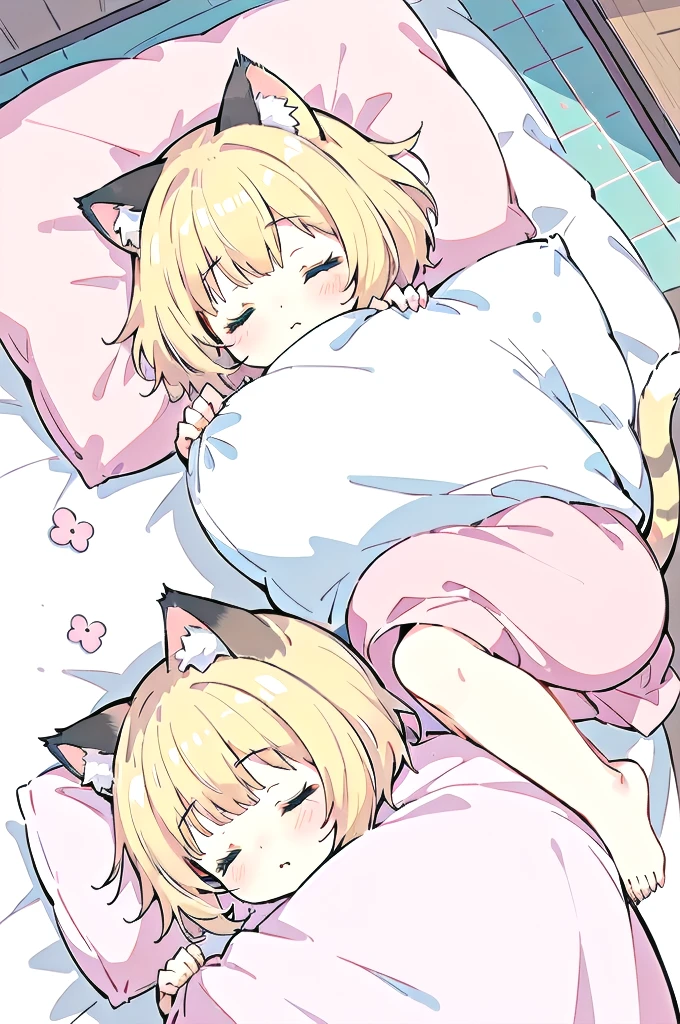 A cartoon of a cat sleeping on a pillow and another cat sleeping on it, there is nothingmimi, Cat girl, Beasts, There is a cat next to her, Cat girl, cute anime Cat girl, Ah ah, there is nothing, anime Cat girl, anime、Pink nightcap、Sleeping on a futon、Blonde Hair、Short Hair