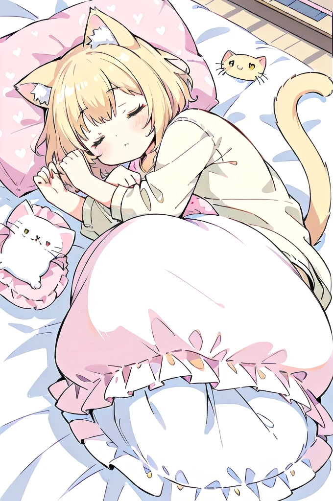 A cartoon of a cat sleeping on a pillow and another cat sleeping on it, there is nothingmimi, Cat girl, Beasts, There is a cat next to her, Cat girl, cute anime Cat girl, Ah ah, there is nothing, anime Cat girl, anime、Pink nightcap、Sleeping on a futon、Blonde Hair、Short Hair