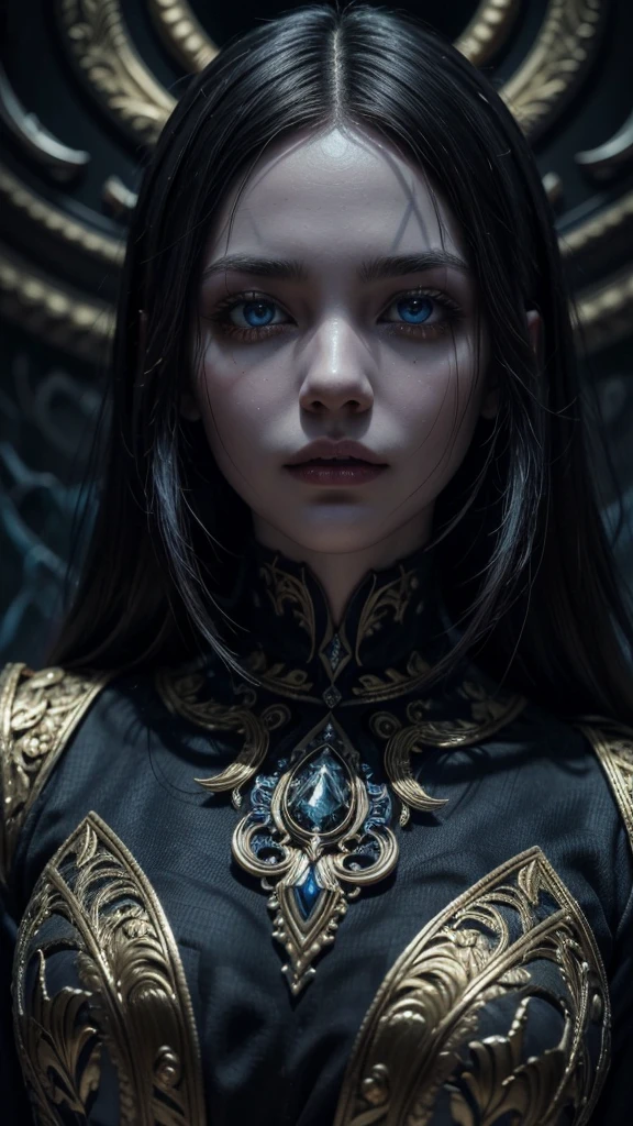 A captivating and highly detailed digital illustration in a macabre art style, showcasing a fantastical face with an otherworldly atmosphere. The primary colors of black, white, and blue blend seamlessly, creating a mesmerizing and mysterious ambiance. The face features intricate gold details, adding a sense of opulence and craftsmanship. The character's fierce and menacing appearance is accentuated by smooth skin and sharp teeth, while a deep blue eye and dark background intensify their penetrating gaze. The smooth and intricate textures lend depth and complexity to the design, resulting in a character of great depth and mystery. The cinematic aesthetic immerses viewers into the enigmatic world of this captivating character., cinematic