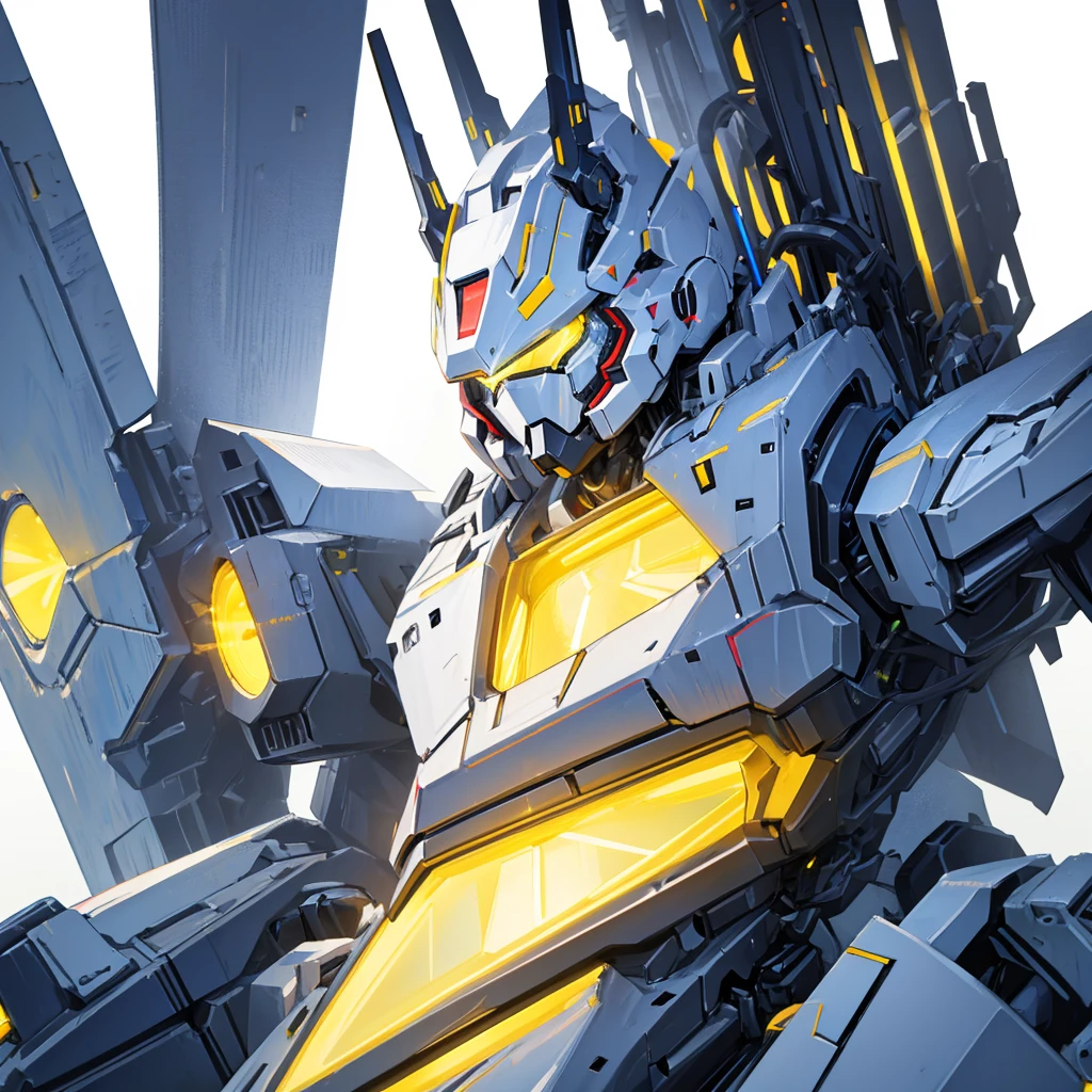 A mecha made of steel，A huge mecha flashing yellow light，((Pure white background))