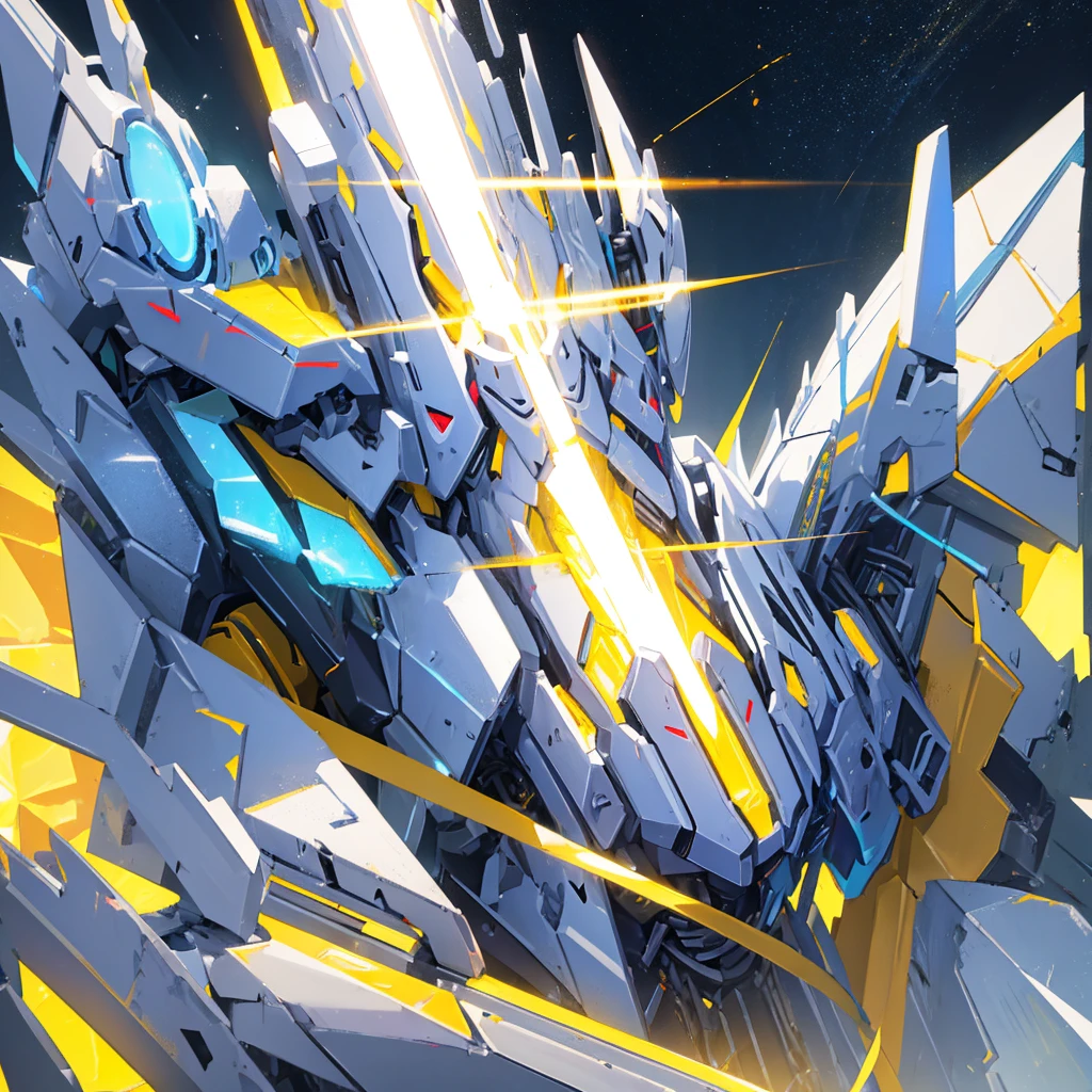 A mecha made of steel,A huge mecha flashing yellow light,((Pure white background))