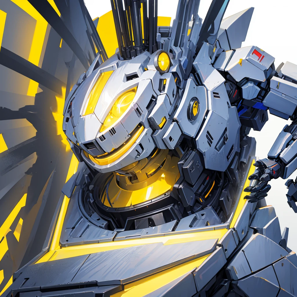 A mecha made of steel,A huge mecha flashing yellow light,((Pure white background))