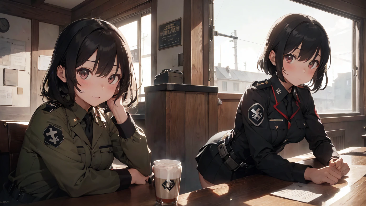 Gestapo uniform, female lesbian kawaii sisters kissing passionately with T-54 German tank, wearing Luftwaffe uniforms. 8k. masterpiece. best quality. best artwork. lingerie. Swastika insignia red armband. bare breasts