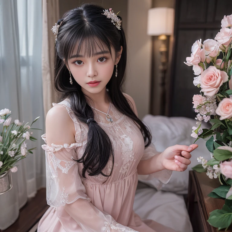 best quality, masterpiece, lifelike, 1 girl, solitary, eternity, black hair, Hair tied in a ponytail, Bangs, Wear dresses, flower, Detailed Background, Delicate face,pink blush,cold,lots of lace,((masterpiece))、(top quality)、8k、high detail、Super detailed、 21 years old female,masterpiece、born、Fair、magic、realism、Visual effects、FXAA、SSAO、Shader、voiceless、ambient lighting、Tone mapping、High resolution、Ultra high quality、Million pixels、(8k resolution:1.10)、8k resolution、high detail、intricate details、 (high quality:1.2、masterpiece:1.2、:1.21)、(21 years old female),Travel Photos