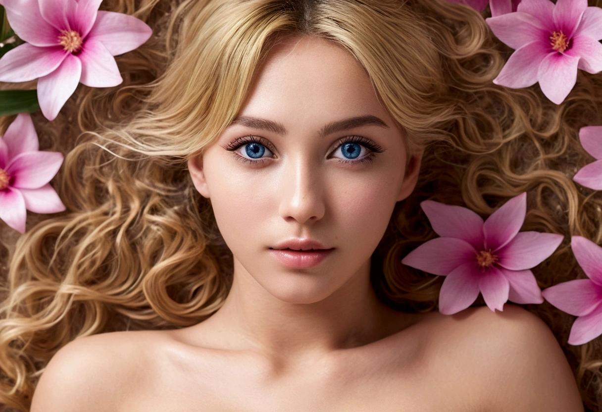 (((Ultra-realistic))), (artistic realization), (ultra-detailed face and eyes: 1.4), 1 girl, (blonde) , (naked) , (very long hair) , Wavy hair, Detailed eyes, (large detailed lipakeup, (Natural breasts). (((She lieany sakura flowers around, view from above, close-up, close to the camera)) , pink atmosphere frame, (ultra detailed) pose sexy in dark blue brazilian bikini