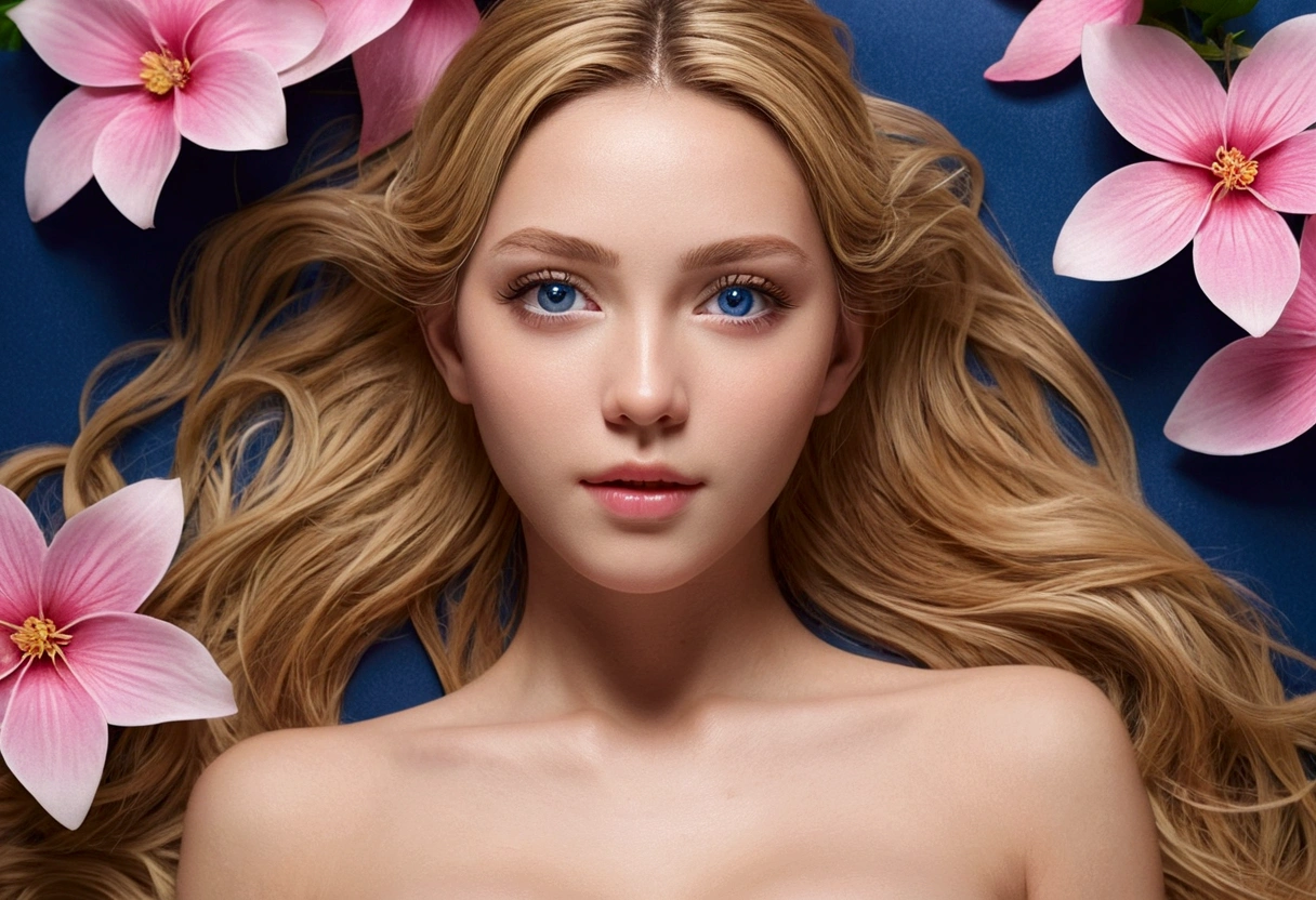 (((Ultra-realistic))), (artistic realization), (ultra-detailed face and eyes: 1.4), 1 girl, (blonde) , (naked) , (very long hair) , Wavy hair, Detailed eyes, (large detailed lipakeup, (Natural breasts). (((She lieany sakura flowers around, view from above, close-up, close to the camera)) , pink atmosphere frame, (ultra detailed) pose sexy in dark blue brazilian bikini  