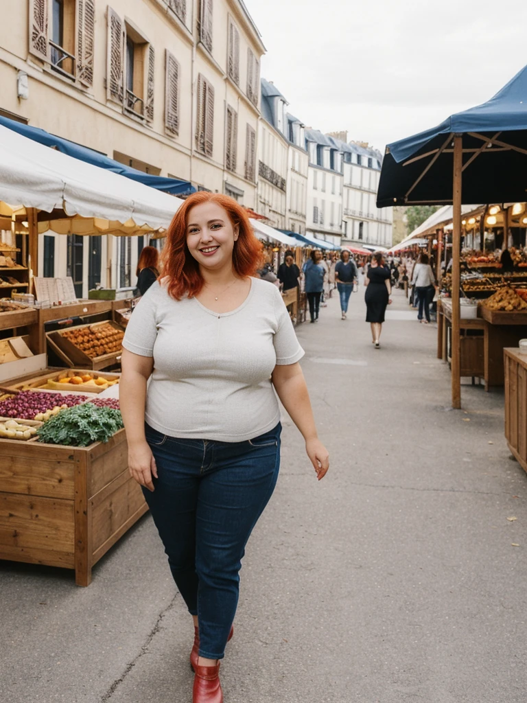 Xyrele, 1girl, solo, 30 years old, (((French face))), (((French nose))), (((French lips))), ((((chubby)))), (((wide hips))), (((red hair))), crinkly short hair, wearing casual designed modern trend wear, ((Background: Shopping at the outdoor market)), ((upper body and upper legs)), smiling