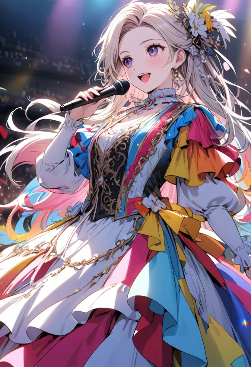 Draw me a opera singer from the 18th century. She is on stage, in a large colorful dress, singing.