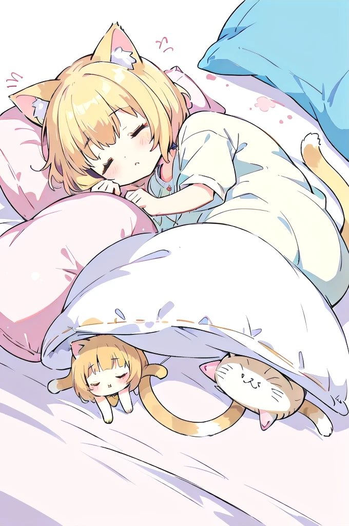 A cartoon of a cat sleeping on a pillow and another cat sleeping on it, there is nothingmimi, Cat girl, Beasts, There is a cat next to her, Cat girl, cute anime Cat girl, Ah ah, there is nothing, anime Cat girl, anime、Pink nightcap、Sleeping on a futon、Blonde Hair、Short Hair
