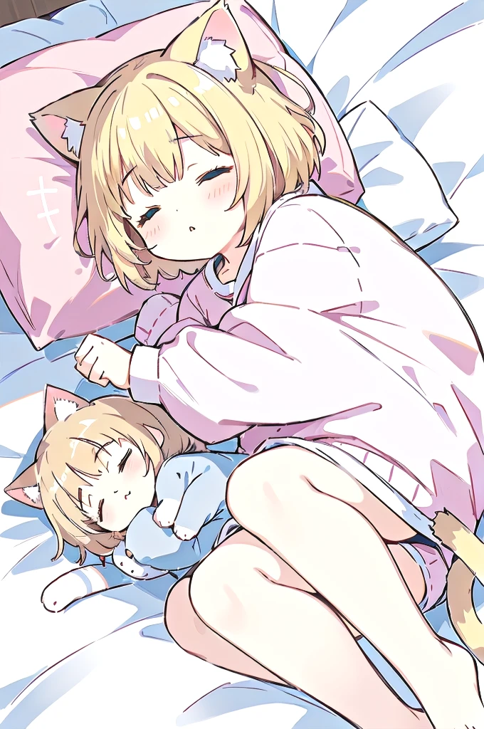 A cartoon of a cat sleeping on a pillow and another cat sleeping on it, there is nothingmimi, Cat girl, Beasts, There is a cat next to her, Cat girl, cute anime Cat girl, Ah ah, there is nothing, anime Cat girl, anime、Pink nightcap、Sleeping on a futon、Blonde Hair、Short Hair