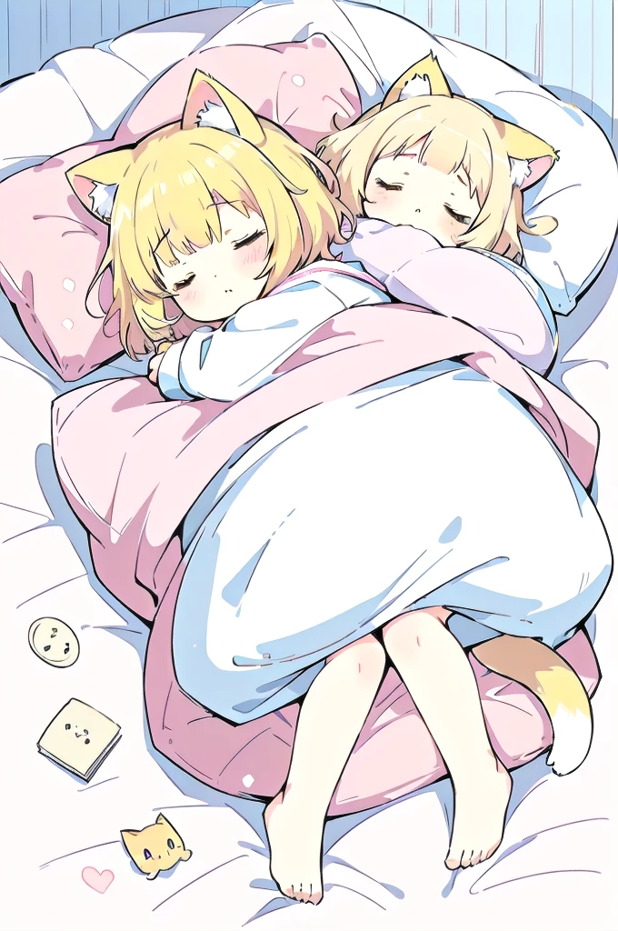 A cartoon of a cat sleeping on a pillow and another cat sleeping on it, there is nothingmimi, Cat girl, Beasts, There is a cat next to her, Cat girl, cute anime Cat girl, Ah ah, there is nothing, anime Cat girl, anime、Pink nightcap、Sleeping on a futon、Blonde Hair、Short Hair