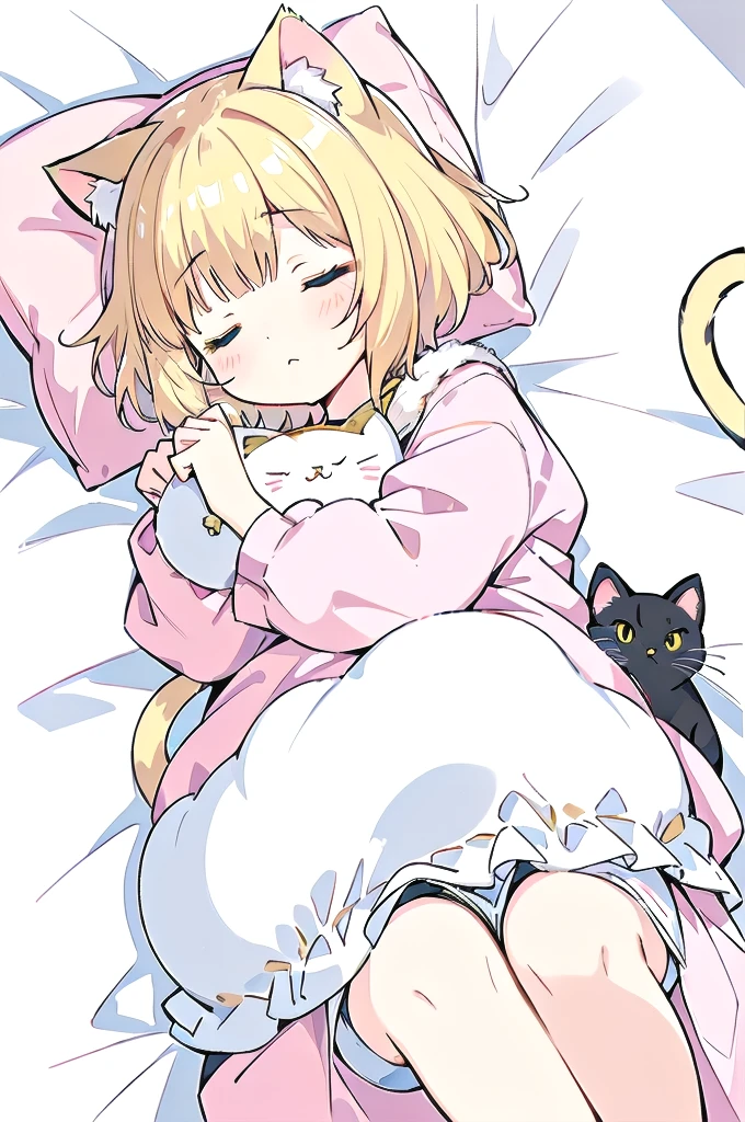 A cartoon of a cat sleeping on a pillow and another cat sleeping on it, there is nothingmimi, Cat girl, Beasts, There is a cat next to her, Cat girl, cute anime Cat girl, Ah ah, there is nothing, anime Cat girl, anime、Pink nightcap、Sleeping on a futon、Blonde Hair、Short Hair