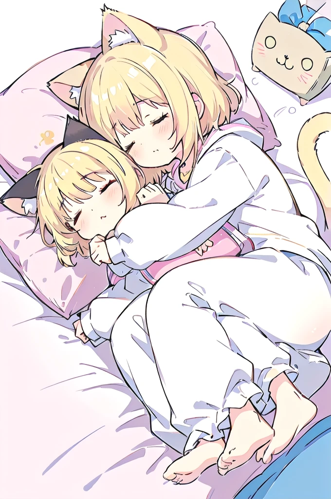 A cartoon of a cat sleeping on a pillow and another cat sleeping on it, there is nothingmimi, Cat girl, Beasts, There is a cat next to her, Cat girl, cute anime Cat girl, Ah ah, there is nothing, anime Cat girl, anime、Pink nightcap、Sleeping on a futon、Blonde Hair、Short Hair