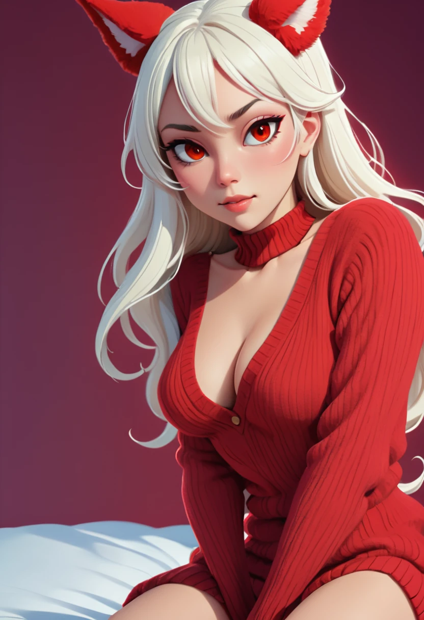 detailed illustration, (front view), (side view),dynamic angle, ultra-detailed, illustration, clean line art, shading, anime, detailed eyes, detailed face, beautiful face, dramatic lighting, detailed illustration, dynamic angle, ultra-detailed, illustration, masterpiece, masterwork, beautiful,

Succubus woman, young, timid, wearing an oversized sweater, (red skin:2.0), round wire frame glasses, knitted ribbed sweater, sleeves too long, sweater goes down to knees, sitting on her knees, hands between her legs, long demon tail, pointy red ears, yellow cat eyes, long white hair, smiling, large breasts squeezed together, BBW, lots of junk in her trunk, ginormous ass, humongous hips, thicc thighs, sitting in a bed, eating bonbons, knee high socks,