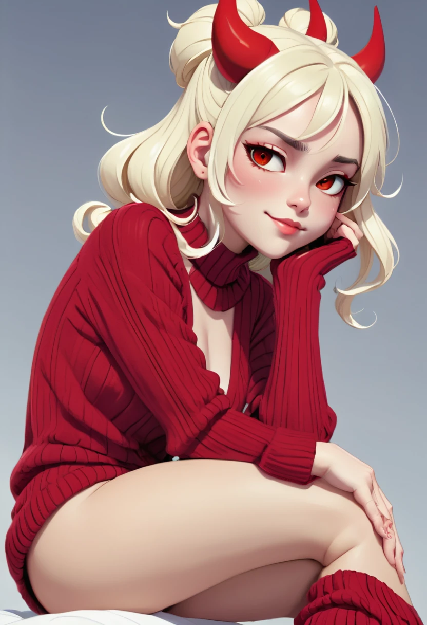 detailed illustration, (front view), (side view),dynamic angle, ultra-detailed, illustration, clean line art, shading, anime, detailed eyes, detailed face, beautiful face, dramatic lighting, detailed illustration, dynamic angle, ultra-detailed, illustration, masterpiece, masterwork, beautiful,

Succubus woman, young, timid, wearing an oversized sweater, (red skin:2.0), round wire frame glasses, knitted ribbed sweater, sleeves too long, sweater goes down to knees, sitting on her knees, hands between her legs, long demon tail, pointy red ears, yellow cat eyes, long white hair, smiling, large breasts squeezed together, BBW, lots of junk in her trunk, ginormous ass, humongous hips, thicc thighs, sitting in a bed, eating bonbons, knee high socks,