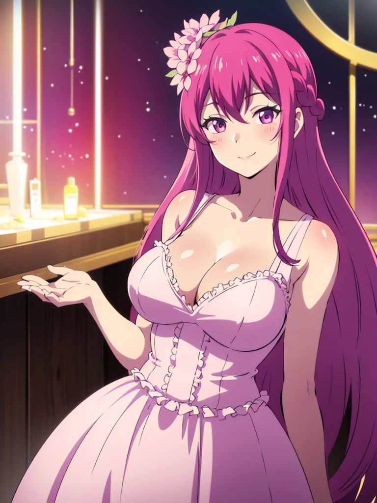 Pink dress, ball gown dress, long dress, gigantic breasts, 1girl, solo, long hair, red blush, smile, happy face, hair ornament, hair between eyes, purple eyes, pink hair, braid, bedroom, hair flower, cute, looking at viewer,