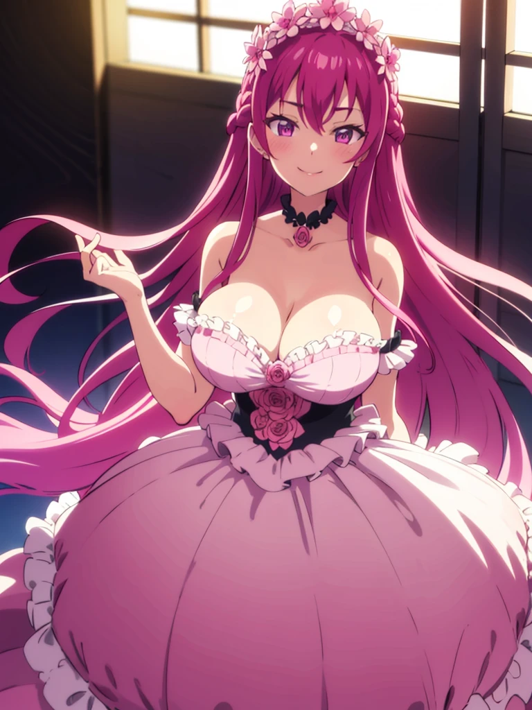 Pink dress, ball gown dress, long dress, gigantic breasts, 1girl, solo, long hair, red blush, smile, happy face, hair ornament, hair between eyes, purple eyes, pink hair, braid, bedroom, hair flower, cute, looking at viewer,