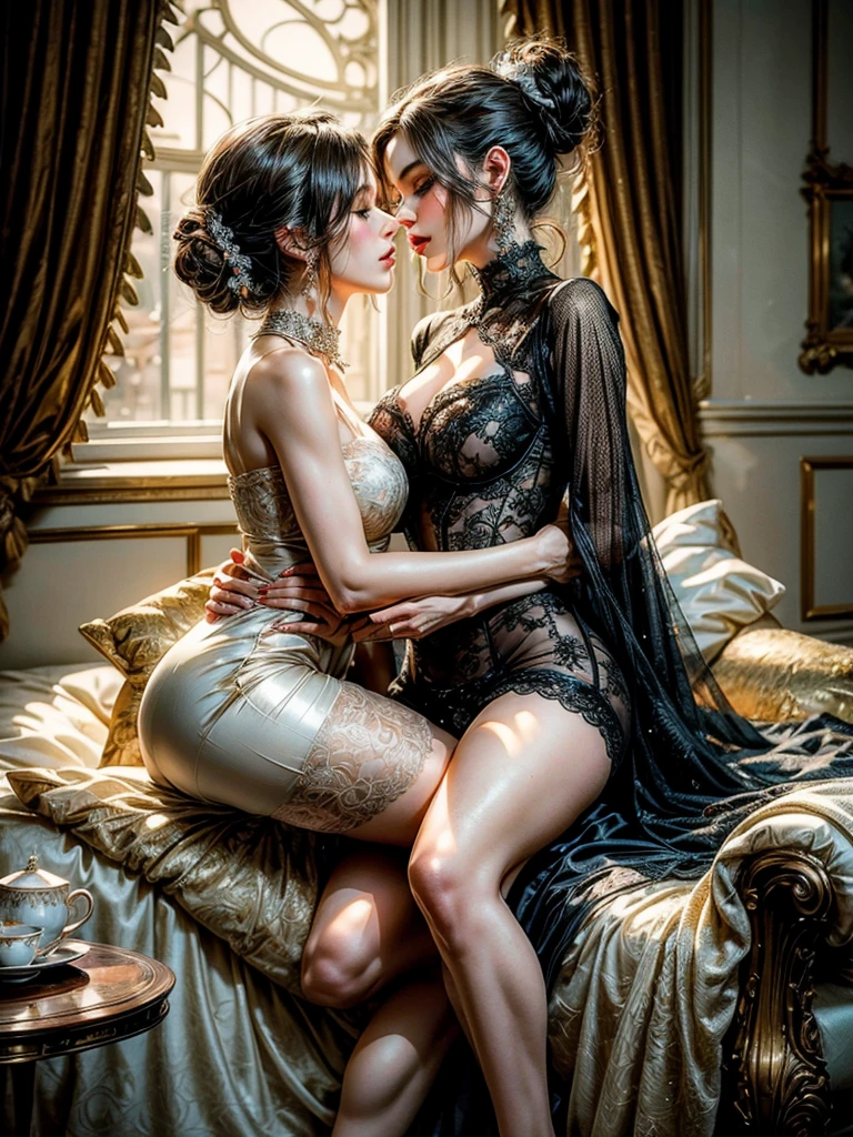 "(best quality, highres, ultra-detailed), Full body shot, 2 women in Victorian fashion passionately kissing and caressing between legs bringing to orgasm on a veranda, beautiful detailed eyes, beautiful detailed lips, long eyelashes, flowing satin gowns, intricate lace details, opulent jewelry, soft afternoon sunlight, blooming flowers, delicate porcelain tea set, antique furniture, vintage charm, intimate embrace."
 sultry look, seductive,
