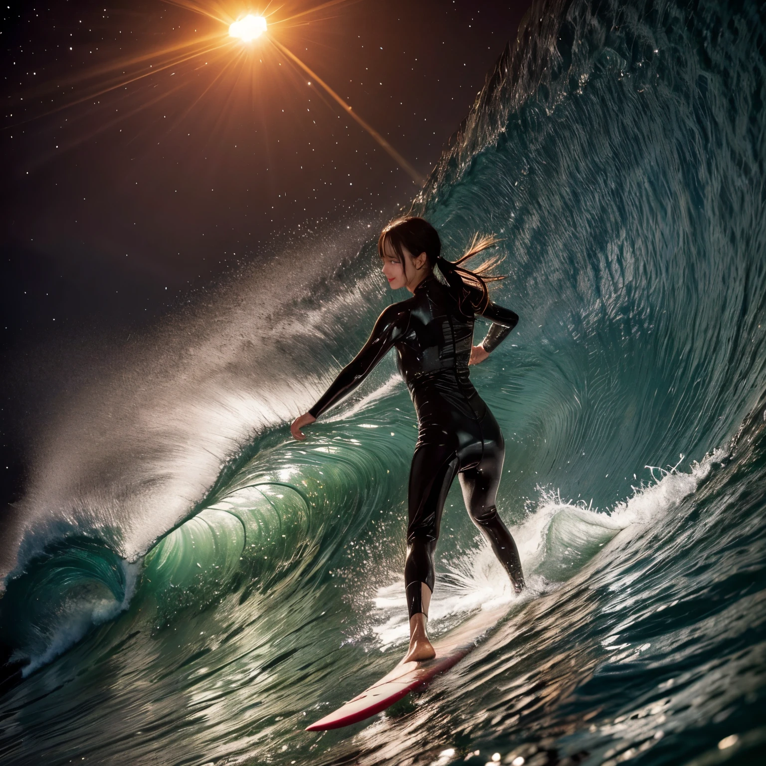(ZoomedOut:1.28, Wide-shot) ZoomLayer (Epic photo of surfer magazine:1.37). (Full of Water, Everything Wetted:1.4) WetHair (extremely detailed Cute Girl in RED)(SparklingHighlights:1.28), Dynamic Joyful Expressions LifeLike Rendering (ManoErina:1.0) . Overflowing Gigantic Sideboob (Clearly Visible Beautiful Breast to Buttocks Line) Tiny and Roundly Butt, Detailed wet clothing texture, (Sloppy Surfboard:-1.2) Riding on waves, Sparkling water, TyndallEffect(Starry Water Particles:1.32), Whole Body proportions and all limbs are anatomically accurate
