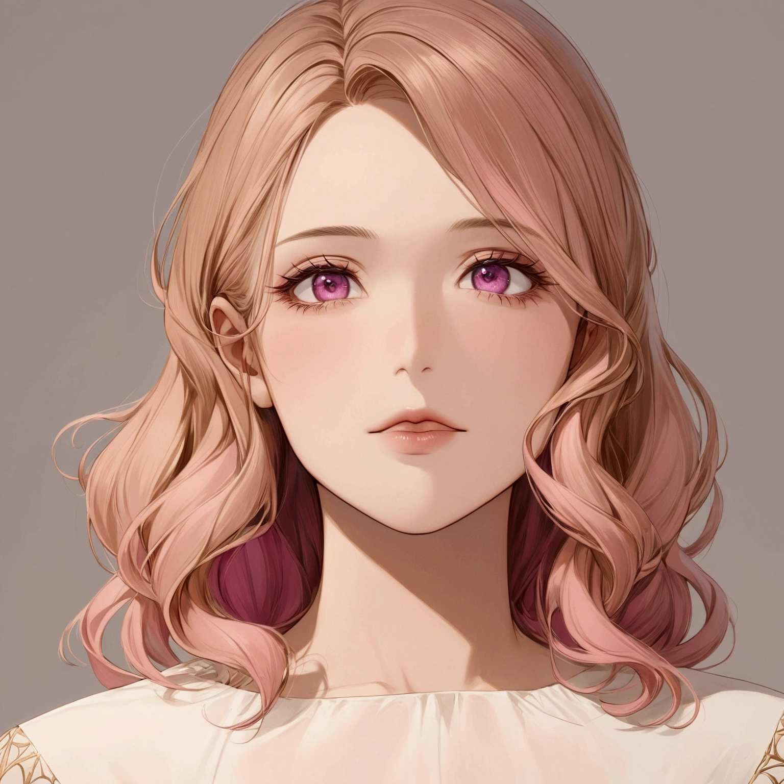 Create an anime-style girl with deep magenta eyes and long, wavy pink hair styled in an elegant updo. She is slender with small breasts. She wears a regal, ethereal dress with elegant and fantasy elements, featuring a gold, pastel pink, and rose gold color scheme. The dress has intricate spider web patterns and motifs.