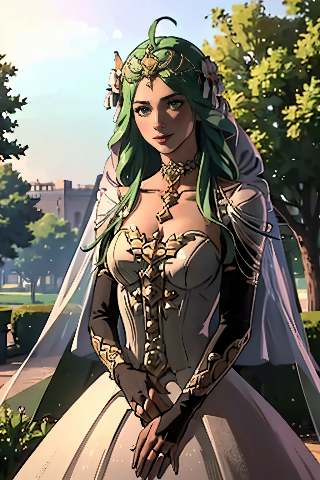 Rhea FE, hair between eyes, ahoge, blonde hair, star \(symbol\), hair ornament, ruffled tulle dress, cleavage, bare shoulders, collarbone, long black elbow gloves, black gloves, black dress, black choker, strapless, tiara, veil, strapless dress, princess dress, veil, beautiful woman, perfect body, perfect breasts, wearing a princess dress, ball gown, in the park trees, wedding decorations, a warm smile, realism, masterpiece, textured skin, super detail, high detail, high quality, best quality, 1080p, 16k, green hair