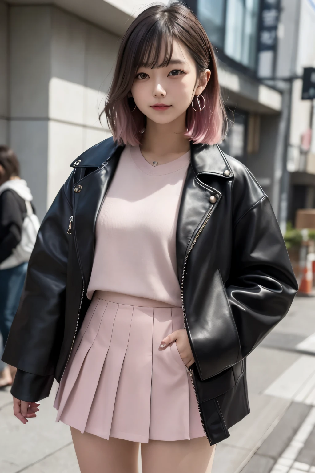 Japanese girl, approximately 21 years old, hair with colored highlights, up to the shoulders, linda, eyes browns, black leather coat, pink shirt with bear print, knee-length skirt, pink tennis, best qualityer, Beautiful girl, detailded, realisitic
