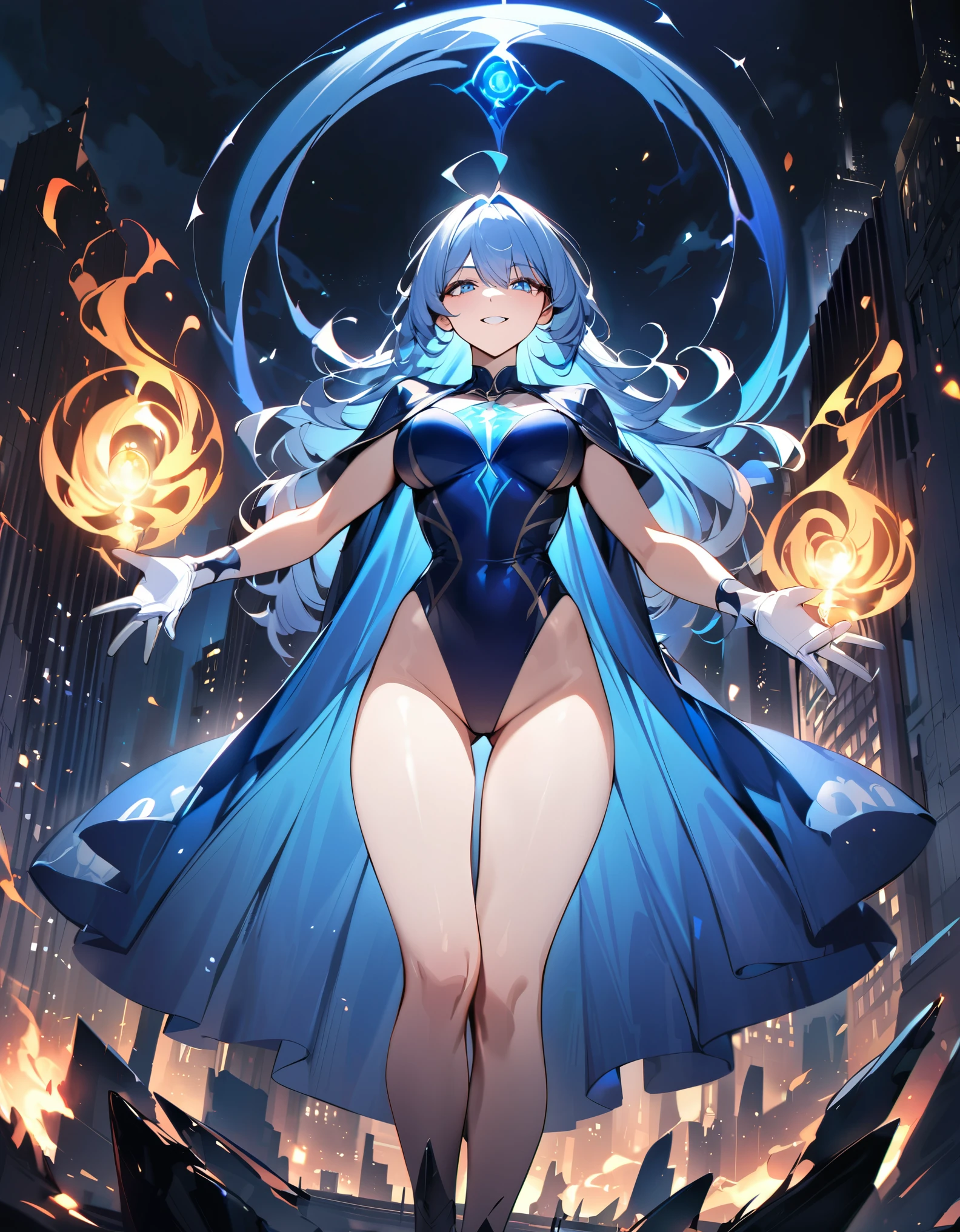 (masterpiece), (best quality), (high res), (solo, solo focus), 1lady, mature lady, magic, sorcerer, white and blue leotard, bare legs, blue hair, long hair, ahoge, blue eyes, beautiful detailed eyes, beautiful detailed face, perfect hands, complete fingers, perfect anatomy, perfect proportions, raised arms, casting a spell, matching white gloves, white vest, black ankle boots, high heels, new york backdrop, midnight, sky, outdoors, floating, evil grin, (her body surrounded by winds, black aura), cowboy shot, full-body costume design.
