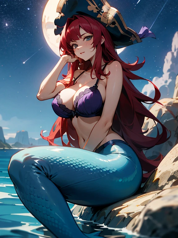 ((1 pirate woman, arms with scales, legs with scales, mermaid tail, bare chest, bare pussy)),((big breasts)),((very huge pubic hair coming out of the pussy)),((big hair red)),((red eye, smile)),((facing the viewer)),((on a pirate ship, at sea during the day)),