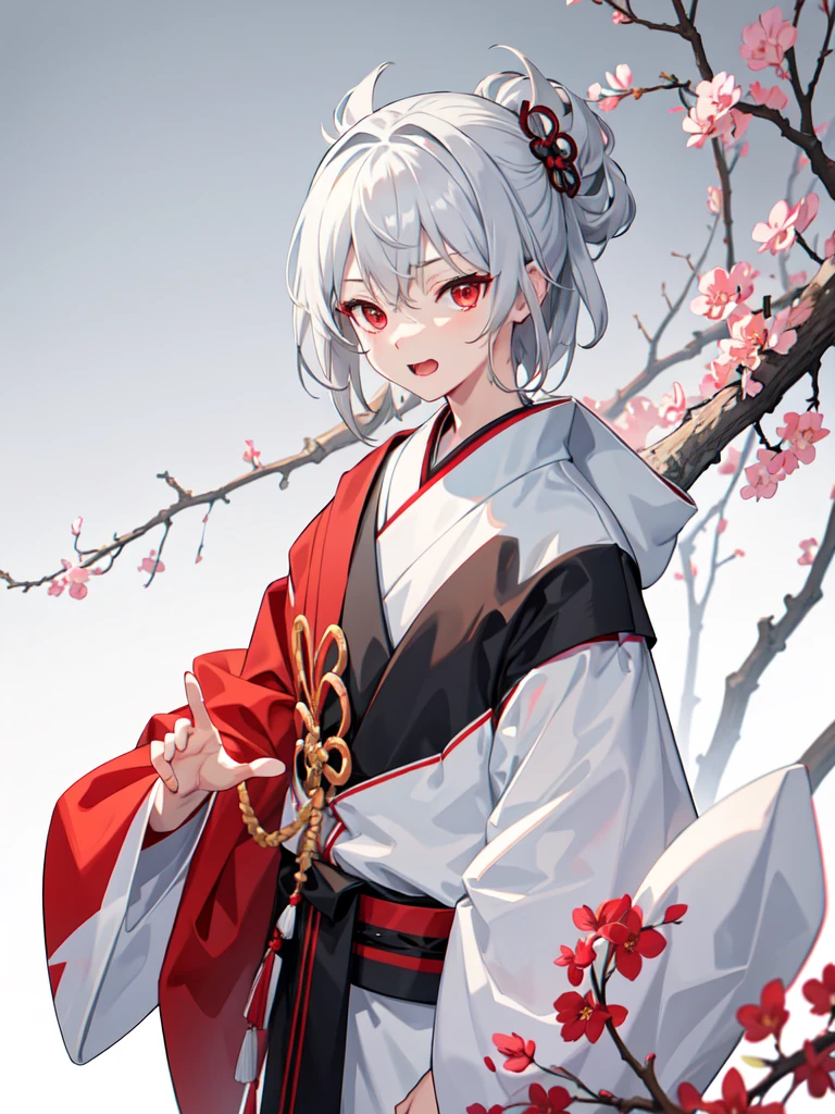 One boy,kimono, Gray Hair, Red eyes, White background,vtuber, wallpaper, Facing forward, Laugh with your mouth open a little,whole body, Hands down, Standing still,White background, The background is pure white,No background