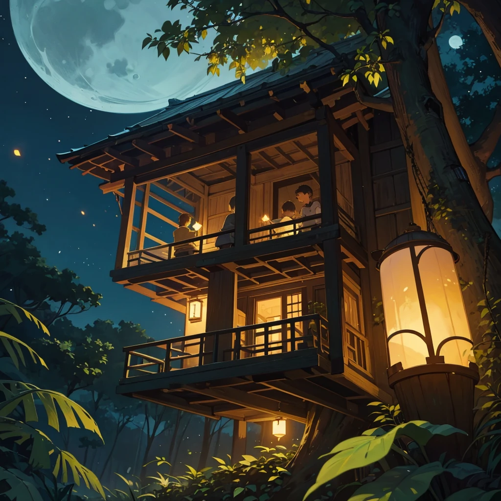 Two boys on a tree house at night and they are looking at the fireflies they trapped in a jar amd the ambience is comfy and the moon can be seen through the leaves