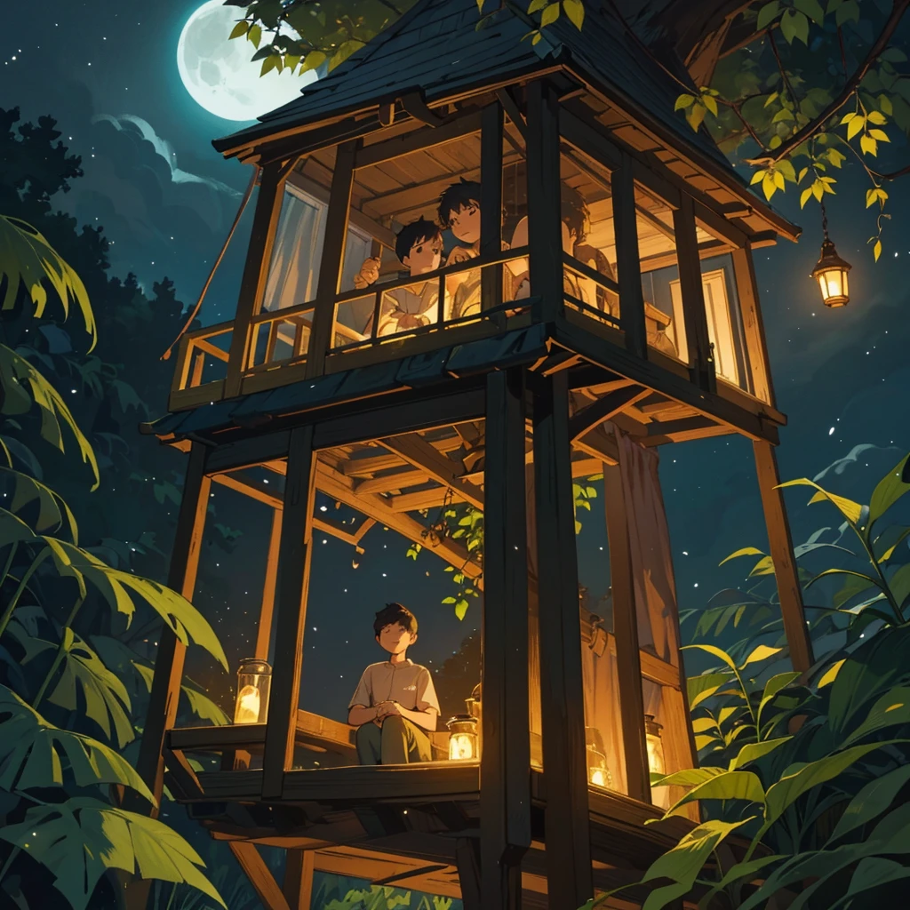 Two boys on a tree house at night and they are looking at the fireflies they trapped in a jar amd the ambience is comfy and the moon can be seen through the leaves