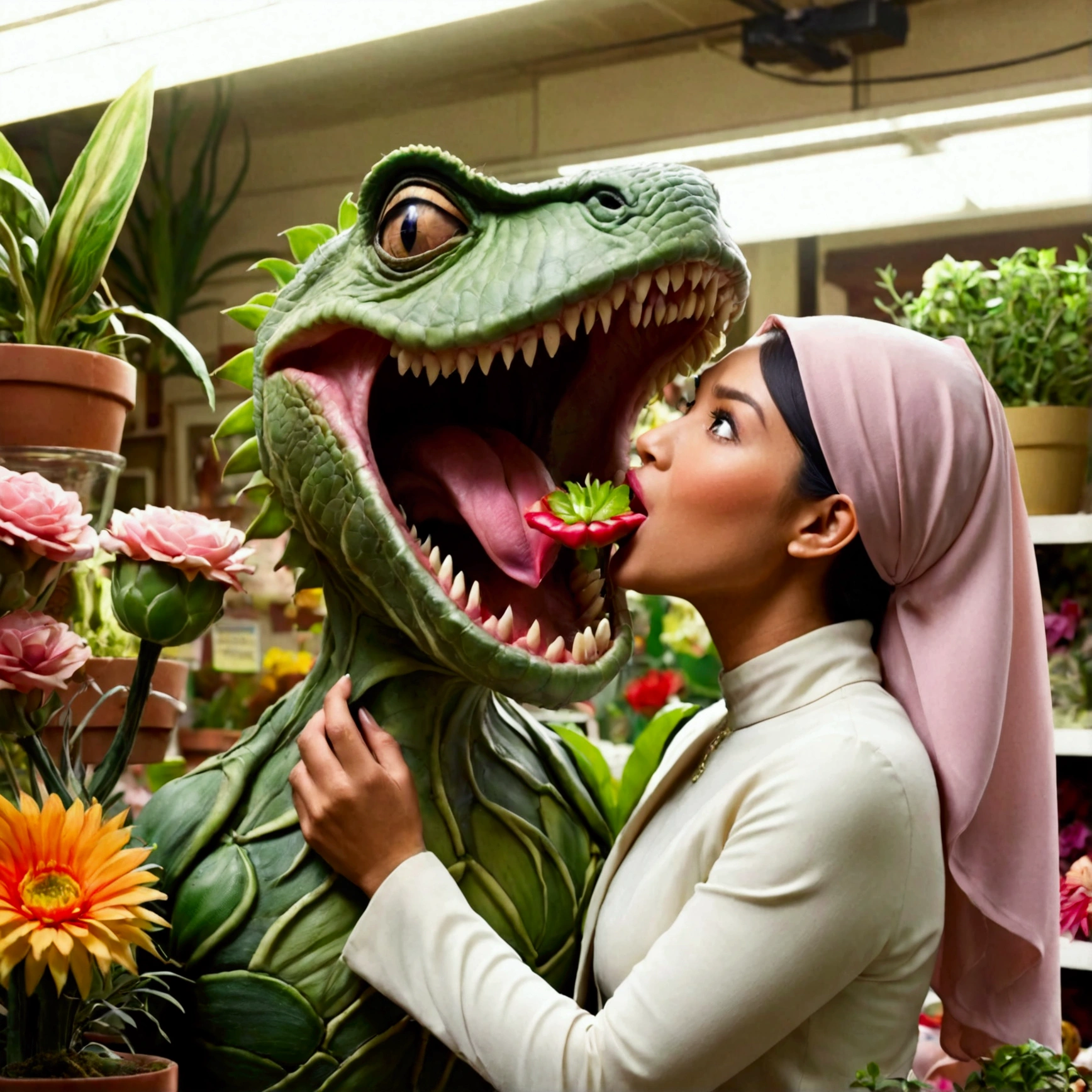 Little Shop of Horrors Audrey2 is a giant man eating plant. A sexy young malaysian woman in a hijab is looking into Audrey2's mouth, she is in a flower shop